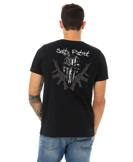 Salty Patriot American Flag Skull with Guns. Lightweight and comfortable, this high quality pre-shrunk T will be just as comfortable as it is stylish. 